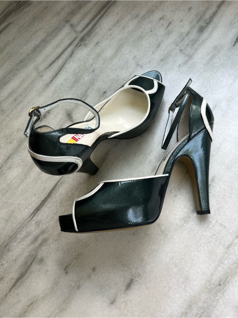 Nascar Dark Green Peep-Toe Ankle Strap Heels with White Trim - Picture 4 of 15